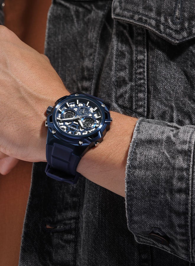 POLICE Men's Challenger 46mm Multifunction Watch with Ion-Plated Blue Case, Transparent Honeycomb Dial & Blue Silicone Strap - Image 5