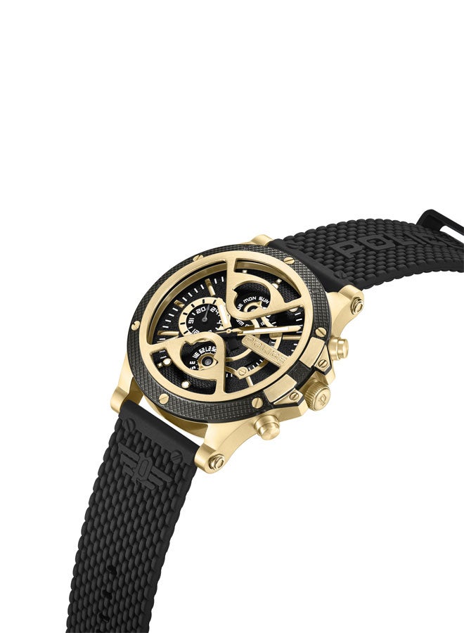 بوليس - Men's Surigao Men's 47mm Multifunction Watch with Gold Ion-Plated Case, Matte Black Dial & Silicone Strap - Image 1