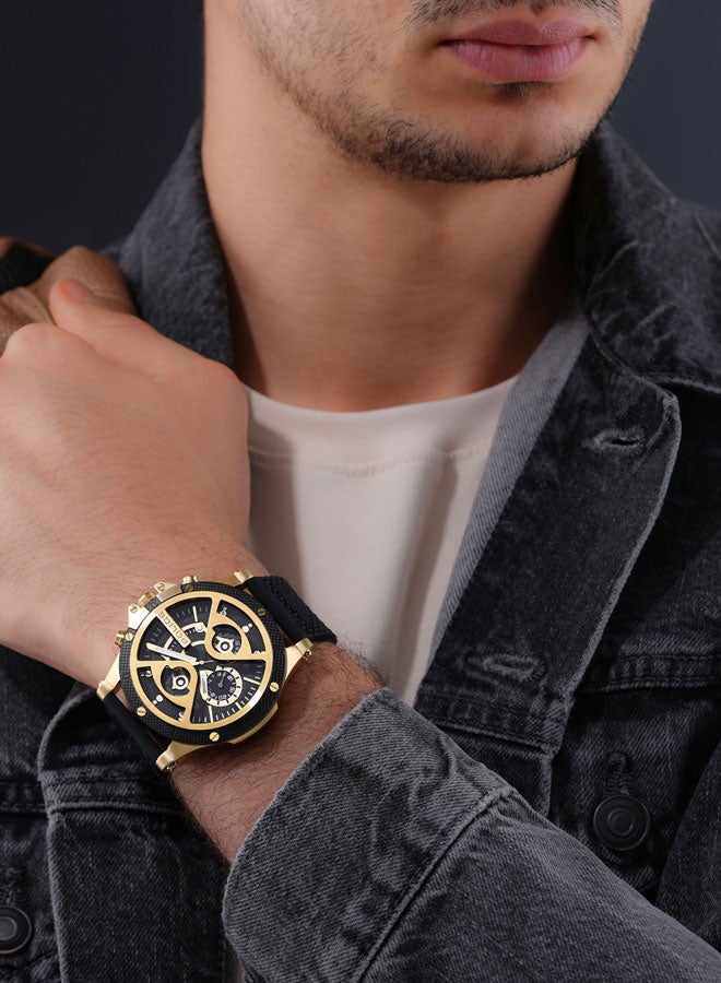بوليس - Men's Surigao Men's 47mm Multifunction Watch with Gold Ion-Plated Case, Matte Black Dial & Silicone Strap - Image 1