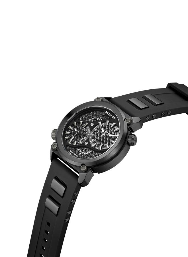 بوليس Men's Boa 48mm Black Ion-Plated Case Watch with Black Dial, Dual Crowns, Honeycomb Backdrop & Black Silicone Strap  - Image 2