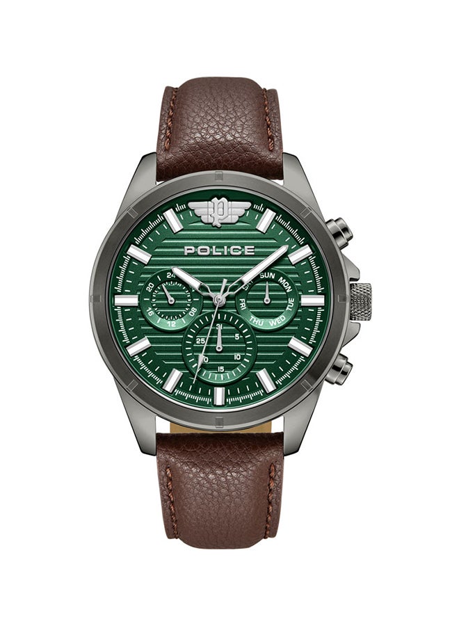 بوليس ساعة مالاوي للرجال 45 مم متعددة الوظائف بقرص أخضر داكن ساتان وحزام جلد بني - Image 1