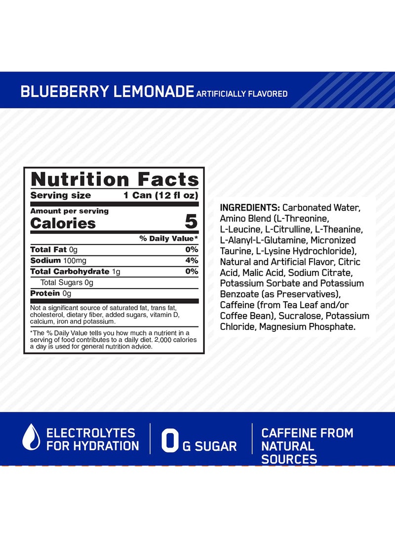 Optimum Nutrition Amino Energy Sparkling Hydration Drink, Electrolytes, Caffeine, Amino Acids, BCAAs, Sugar Free, Blueberry Lemonade, 12 Fl Oz  - Image 3