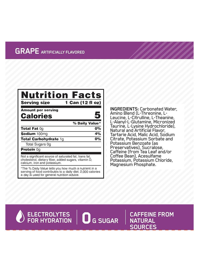 Optimum Nutrition - Amino Energy Sparkling Hydration Drink, Electrolytes, Caffeine, Amino Acids, BCAAs, Sugar Free, Grape, 12 Fl Oz - Image 1