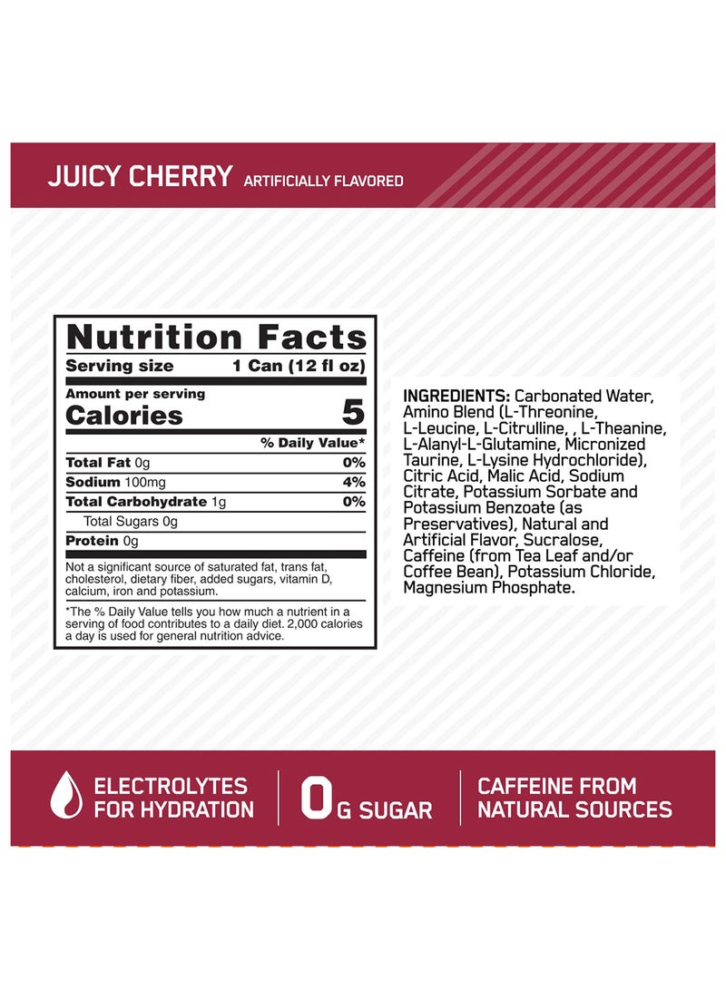 Optimum Nutrition Amino Energy Sparkling Hydration Drink, Electrolytes, Caffeine, Amino Acids, BCAAs, Sugar Free, Juicy Cherry, 12 Fl Oz  - Image 3