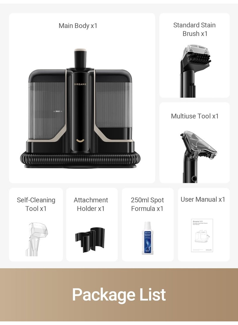 Dreame - N10 Spot Cleaner Stain Removal for Upholstery Multi Surfaces, Car Seats, Sofa Kitchen & More, Self Cleaning Hose, 60° C Hot Water with 12,000 Pa Suction 400 W N10 Black - Image 1