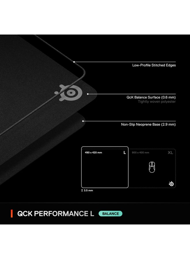 steelseries - SteelSeries QcK L Performance Balance Gaming Mousepad, Extra density for a smooth glide, Low-profile edge stitching, Non-slip neoprene rubber base, 490 x 420 mm size, FPS, MOBAs, RTS, MMO - Black - Image 1