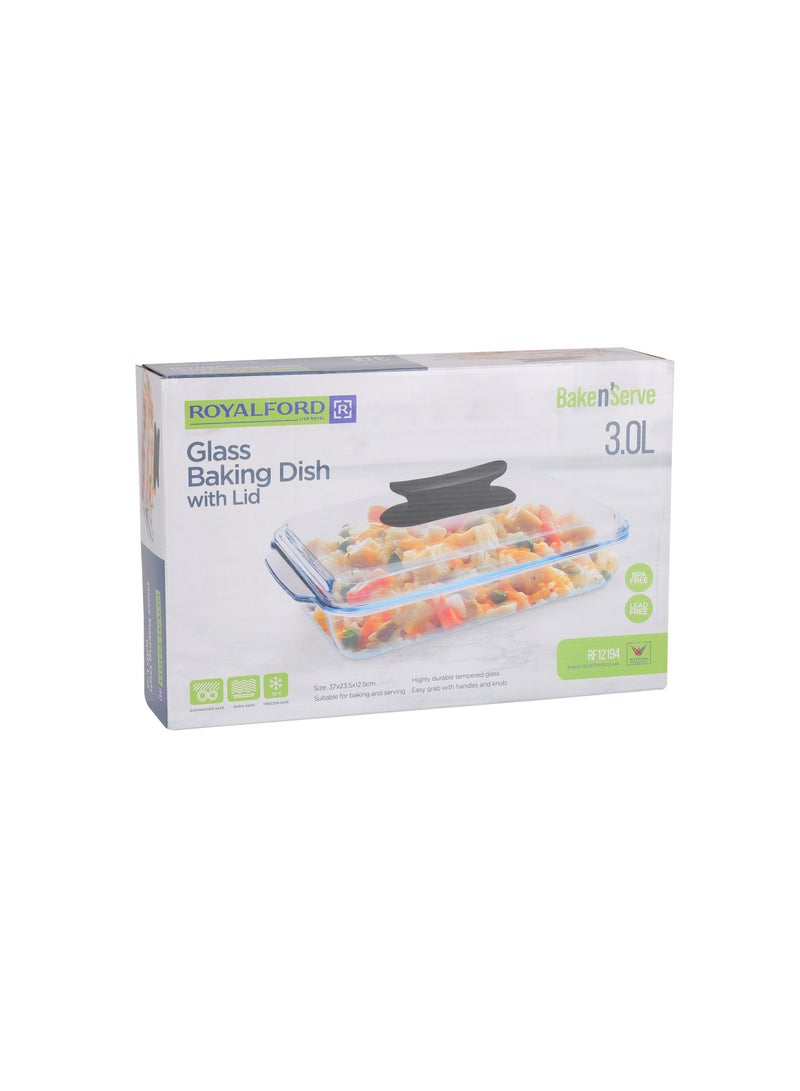 رويال فورد - Royalford 3 L Glass Baking Dish with Lid-RF12194/ Rectangular Tray Perfect for Baking and Serving/ Casserole with Easy Grab Handles and Knob Transparent - Image 1