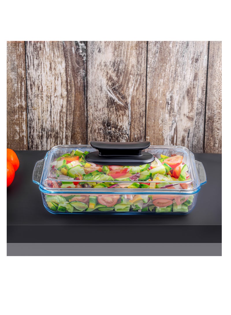 رويال فورد - Royalford 3 L Glass Baking Dish with Lid-RF12194/ Rectangular Tray Perfect for Baking and Serving/ Casserole with Easy Grab Handles and Knob Transparent - Image 1