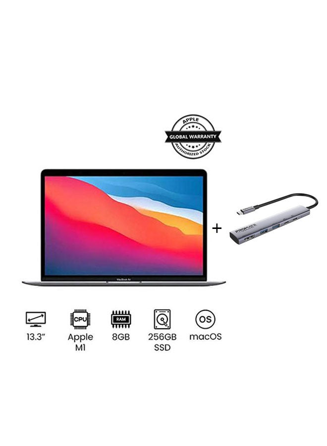 Apple - MacBook Air MGN63 With 13-Inch Retina (2560x1600) Display, M1 Chip With 8-Core Processor And 7-Core Graphics/8GB RAM DDR4/256GB SSD/+Promate LinkHub-5X 5-in-1 Multiport USB-C Hub with 100W Power Delivery, 4K HDMI Port, USB-A Ports /Gray English/Arabic Space Grey - Image 1
