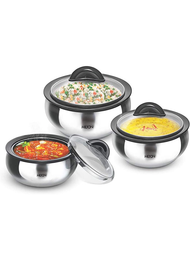 ميلتون 3-Piece Casserole Set (610ml, 1.33L, 1.78L) Double-Walled Insulated Stainless Steel Hotpot, Keeps Food Hot/Cold for Hours, Perfect for Serving Chapati, Roti, Biryani and More - Clarion - Silver Silver  - Image 1