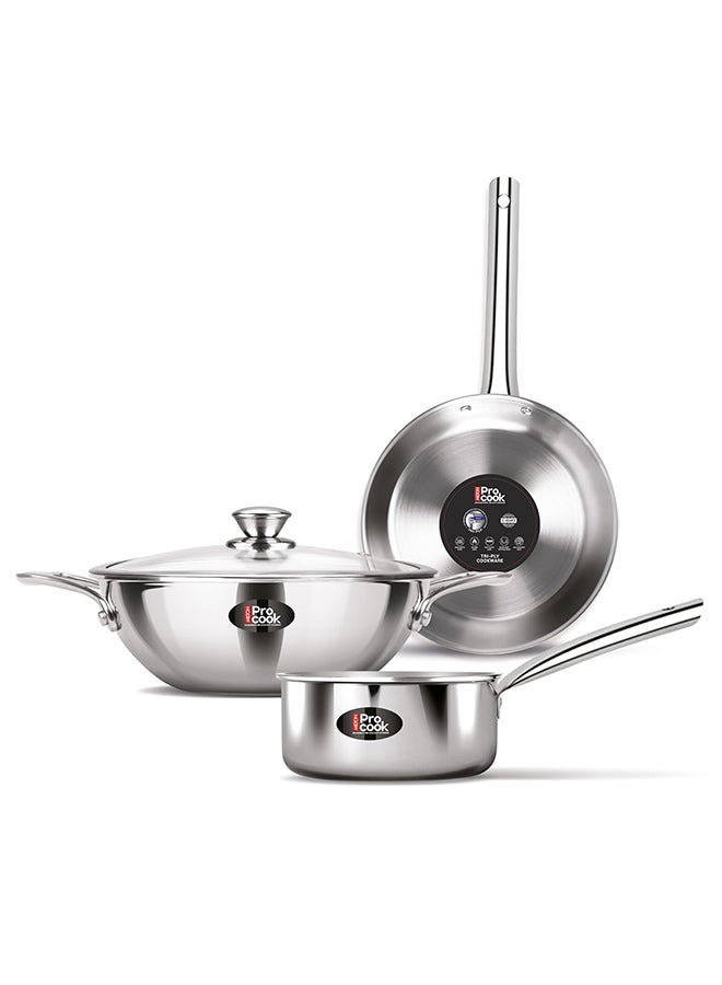 Milton 4-Piece Triply Stainless Steel Cookware Set, Tea Pan 16cm, Fry Pan 22cm, Wok/Kadai with Glass Lid 24cm, Even and Fast Heating, Induction & Gas Ready - Silver Silver  - Image 1