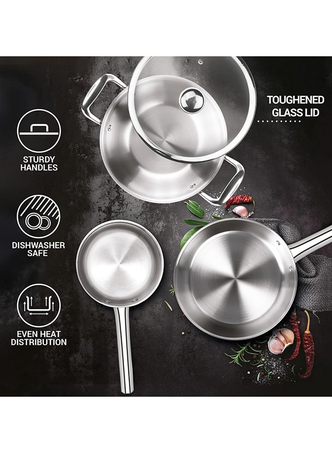 Milton 4-Piece Triply Stainless Steel Cookware Set, Tea Pan 16cm, Fry Pan 22cm, Wok/Kadai with Glass Lid 24cm, Even and Fast Heating, Induction & Gas Ready - Silver Silver  - Image 3