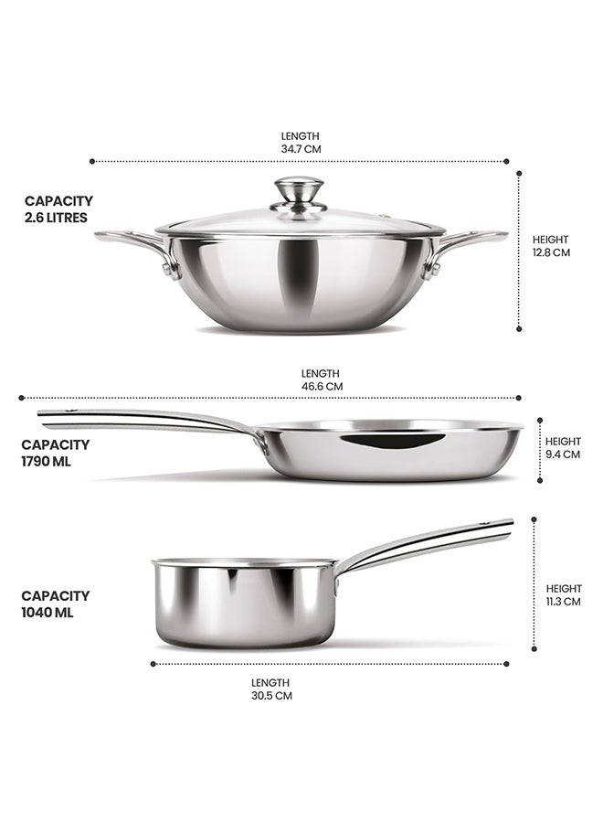 Milton 4-Piece Triply Stainless Steel Cookware Set, Tea Pan 16cm, Fry Pan 22cm, Wok/Kadai with Glass Lid 24cm, Even and Fast Heating, Induction & Gas Ready - Silver Silver  - Image 5