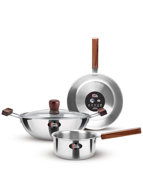 Triply Stainless Steel 4 Pc Cookware Set, Tea Pan 16cm, Fry Pan 22cm, Wok/Kadai with Lid 24cm, Wooden Handle, Induction & Gas Ready, Even & Fast Heating Silver/Brown