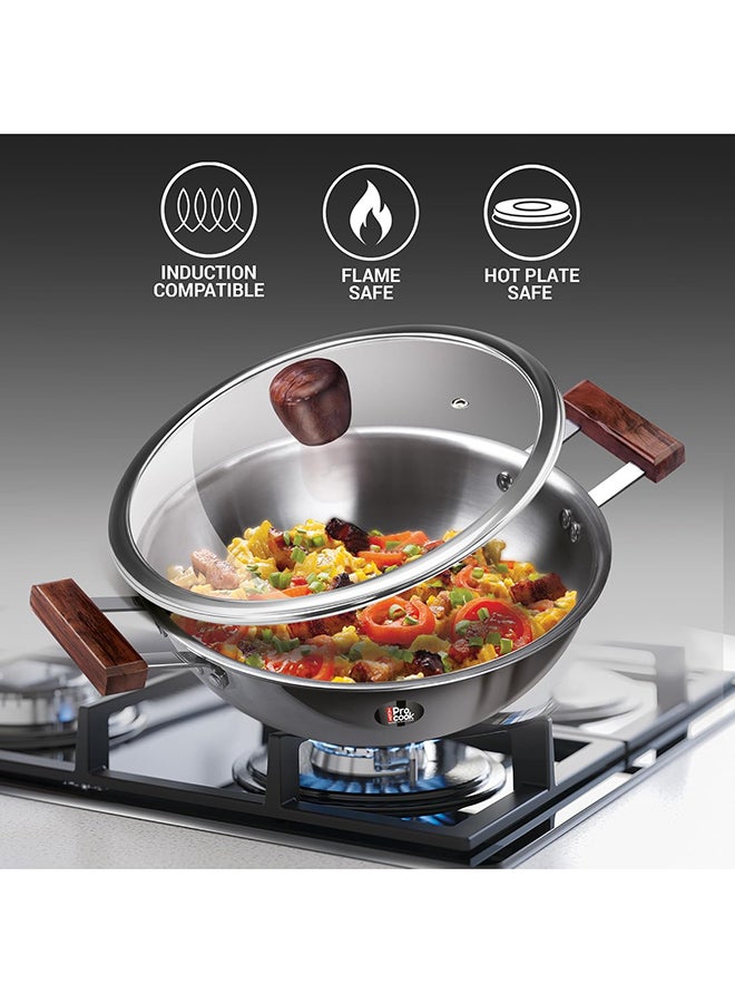 ميلتون طقم أواني طهي من الفولاذ المقاوم للصدأ 4 قطع، مقلاة شاي 16 سم، مقلاة 22 سم، ووك/كاداي مع غطاء 24 سم، مقبض خشبي، جاهز للاستخدام على الحث والغاز، تسخين متساوي وسريع - Image 2