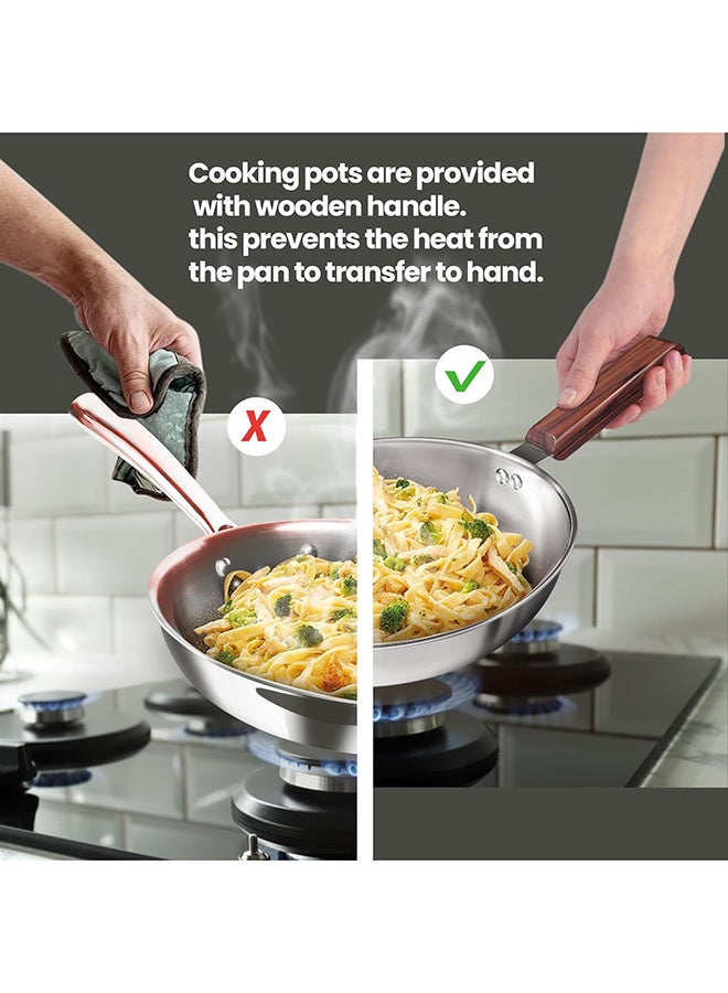 ميلتون طقم أواني طهي من الفولاذ المقاوم للصدأ 4 قطع، مقلاة شاي 16 سم، مقلاة 22 سم، ووك/كاداي مع غطاء 24 سم، مقبض خشبي، جاهز للاستخدام على الحث والغاز، تسخين متساوي وسريع - Image 3