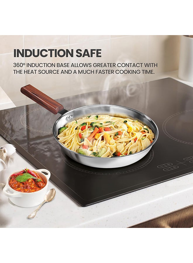 ميلتون طقم أواني طهي من الفولاذ المقاوم للصدأ 4 قطع، مقلاة شاي 16 سم، مقلاة 22 سم، ووك/كاداي مع غطاء 24 سم، مقبض خشبي، جاهز للاستخدام على الحث والغاز، تسخين متساوي وسريع - Image 4