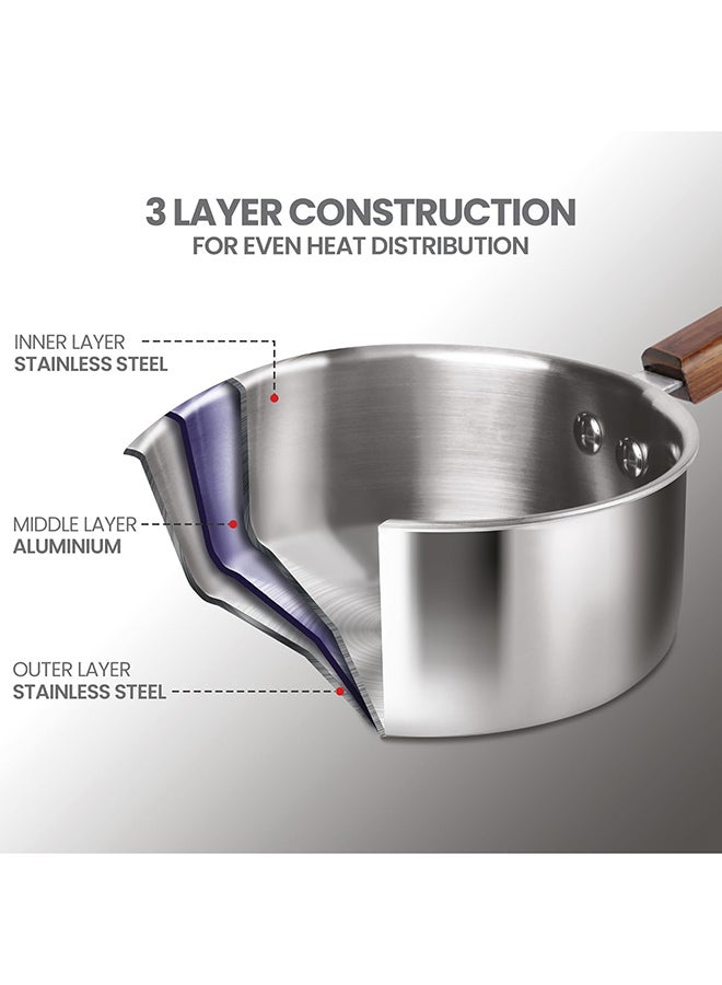 ميلتون طقم أواني طهي من الفولاذ المقاوم للصدأ 4 قطع، مقلاة شاي 16 سم، مقلاة 22 سم، ووك/كاداي مع غطاء 24 سم، مقبض خشبي، جاهز للاستخدام على الحث والغاز، تسخين متساوي وسريع - Image 5