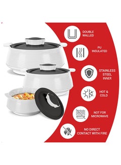 Milton 3-Piece Casserole Set (850ml, 1.35L, 1.85L) Double-Walled Hotpot with PU Insulation & Stainless Steel Inner, Keeps Food Hot/Cold, Perfect for Serving Chapati, Roti - Venice Reg - Micro White Micro White  - Image 3