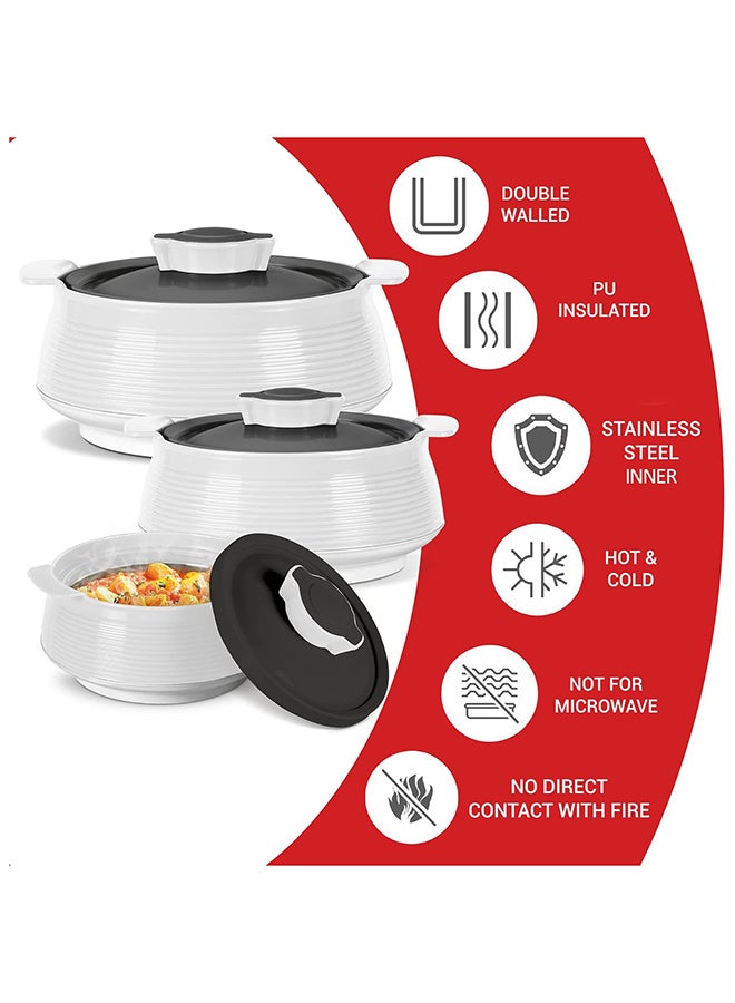 ميلتون 3-Piece Casserole Set (850ml, 1.35L, 1.85L) Double-Walled Hotpot with PU Insulation & Stainless Steel Inner, Keeps Food Hot/Cold, Perfect for Serving Chapati, Roti - Venice Reg - Micro White Micro White  - Image 3