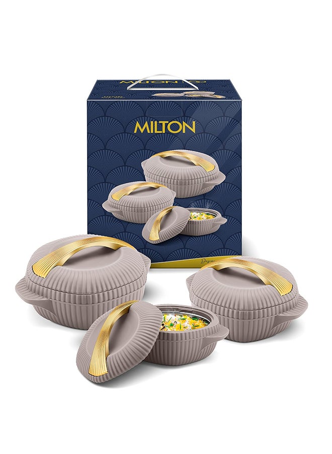 Milton 3-Piece Casserole Set (455ml, 860ml, 1.27L) Double-Walled Hotpot with PU Insulation & Stainless Steel Inner, Keeps Food Hot/Cold, Perfect for Serving Chapati, Roti - Oyster Jr - Taupe Taupe - Image 1