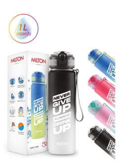 Milton 1000ml Motivational Water Bottle with Straw & Capacity Marker (Never Give Up) – Unbreakable, BPA-Free Plastic Drinking Bottle for Gym, Sports, & Camping for Kids, Men & Women - Gen'Z Black  - Image 1