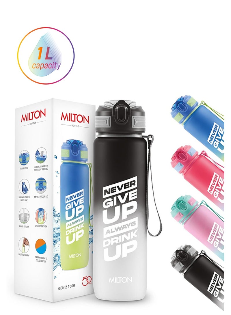 Milton 1000ml Motivational Water Bottle with Straw & Capacity Marker (Never Give Up) – Unbreakable, BPA-Free Plastic Drinking Bottle for Gym, Sports, & Camping for Kids, Men & Women - Gen'Z Black  - Image 1