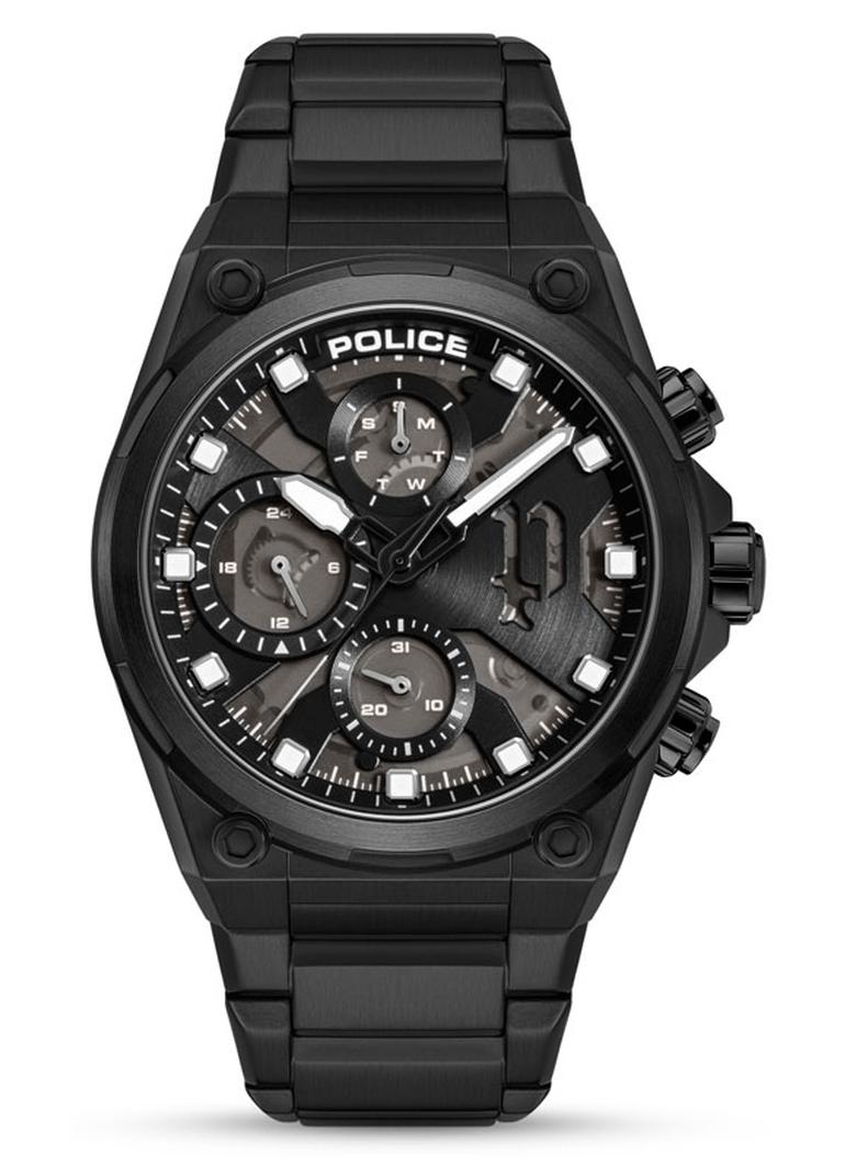 بوليس ساعة متعددة الوظائف 43 مم مع لوحة سوداء هيدروليكية، قرص شفاف رمادي و سوار من الفولاذ المقاوم للصدأ 316L - Image 1