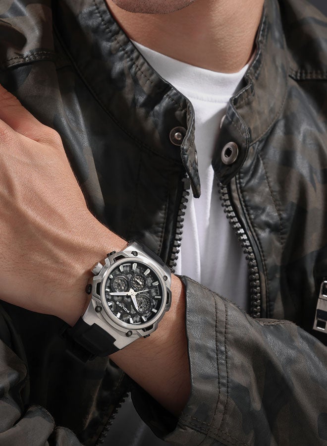 بوليس ساعة تشالنجر 46 مم متعددة الوظائف للرجال مع قرص أسود ورمادي، حزام سيليكون - Image 5