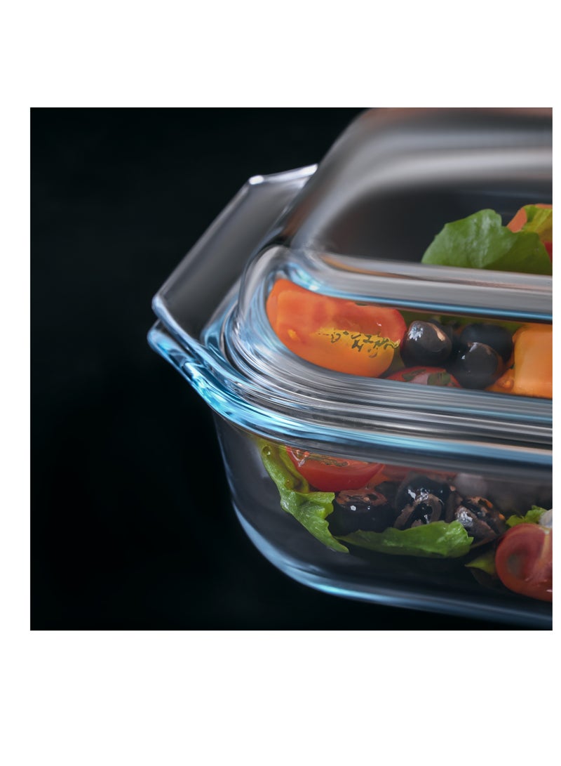 Royalford - Royalford 1.35 L Glass Baking Dish with Lid-RF12204/ Rectangle Tray Perfect for Baking and Serving/ Casserole with Easy Grab Handles/ Oven, Dishwasher and Freezer Safe Clear - Image 1