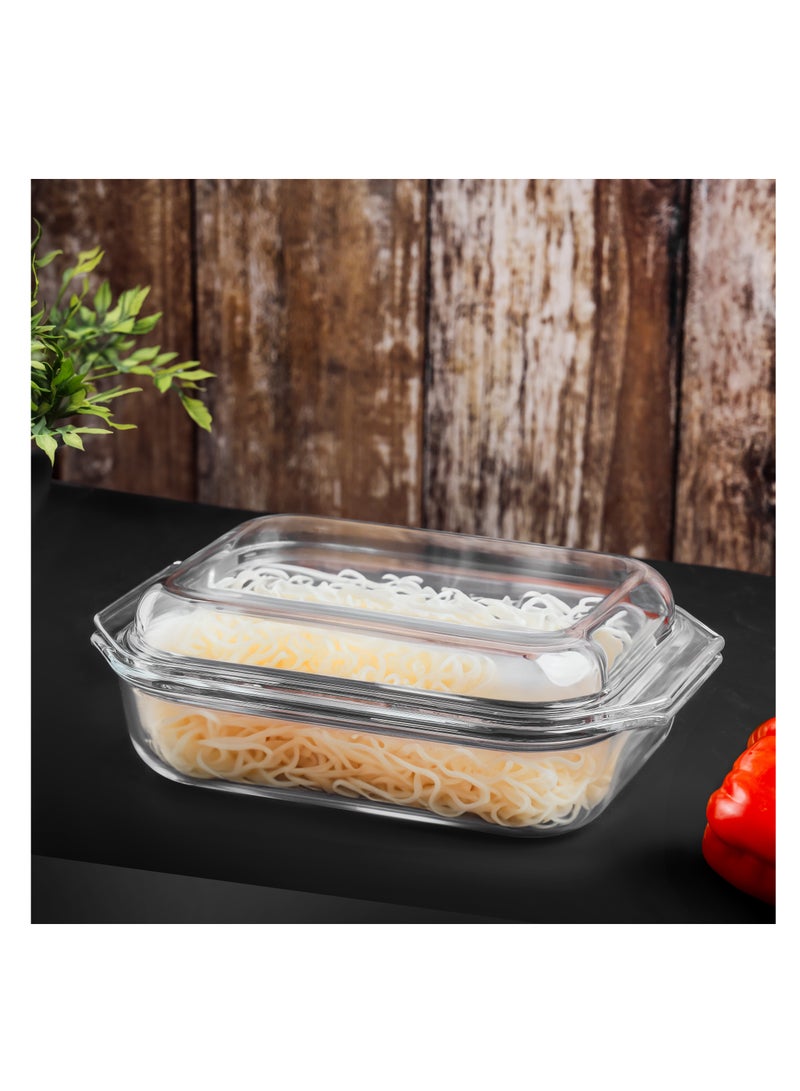 Royalford - Royalford 1.35 L Glass Baking Dish with Lid-RF12204/ Rectangle Tray Perfect for Baking and Serving/ Casserole with Easy Grab Handles/ Oven, Dishwasher and Freezer Safe Clear - Image 1