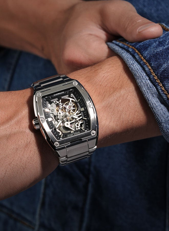 POLICE Men's Skeletor Automatic Men's 42mm Watch with Matte Black Dial, Silver Indexes & 316L Stainless Steel Bracelet - Image 5