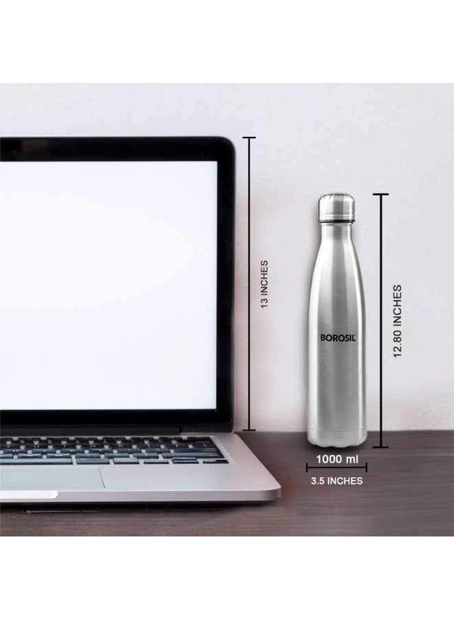 بوروسيل Borosil Vacuum Insulated Copper Coated Inner Bolt Water Bottle, Sports Bottle, Yoga Bottle, Outdoor, Portableleak Proof, Reusable Water Bottle Stainless Steel, 1000 Ml Silver Silver  - Image 3