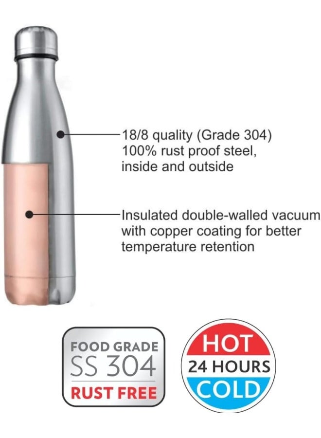 بوروسيل Borosil Vacuum Insulated Copper Coated Inner Bolt Water Bottle, Sports Bottle, Yoga Bottle, Outdoor, Portableleak Proof, Reusable Water Bottle Stainless Steel, 1000 Ml Silver Silver  - Image 2