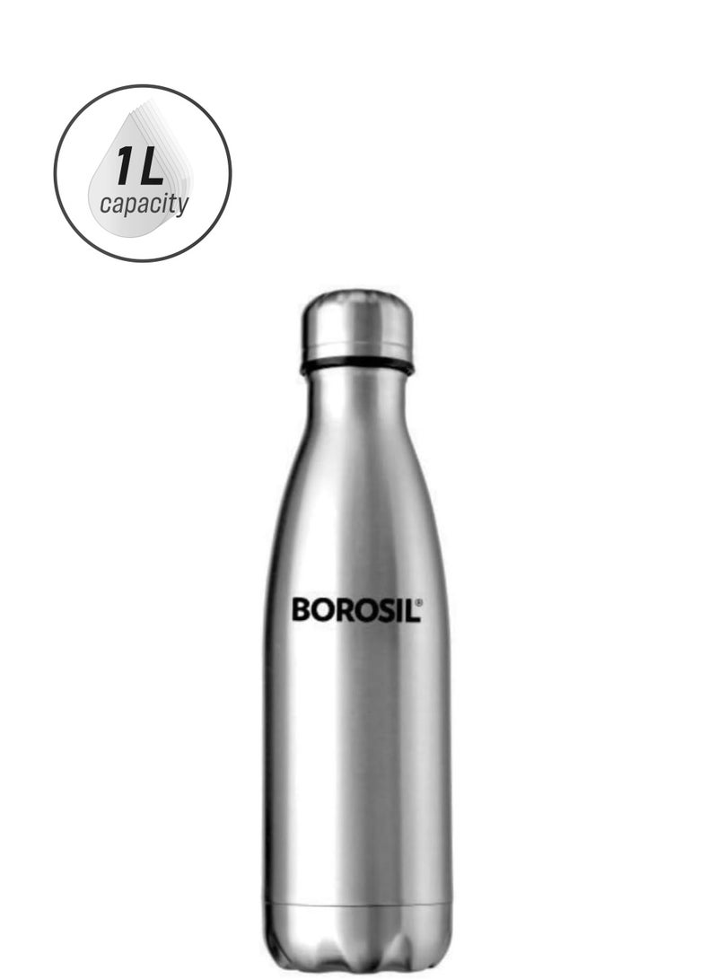 بوروسيل Borosil Vacuum Insulated Copper Coated Inner Bolt Water Bottle, Sports Bottle, Yoga Bottle, Outdoor, Portableleak Proof, Reusable Water Bottle Stainless Steel, 1000 Ml Silver Silver  - Image 1