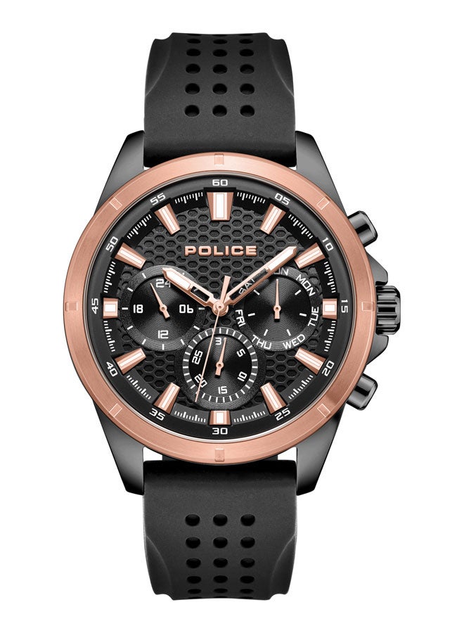 POLICE Men's Motion 45mm Multifunction Watch with Black Honeycomb Texture Dial, IP Rose Gold Topring & Silicone Strap  - Image 1