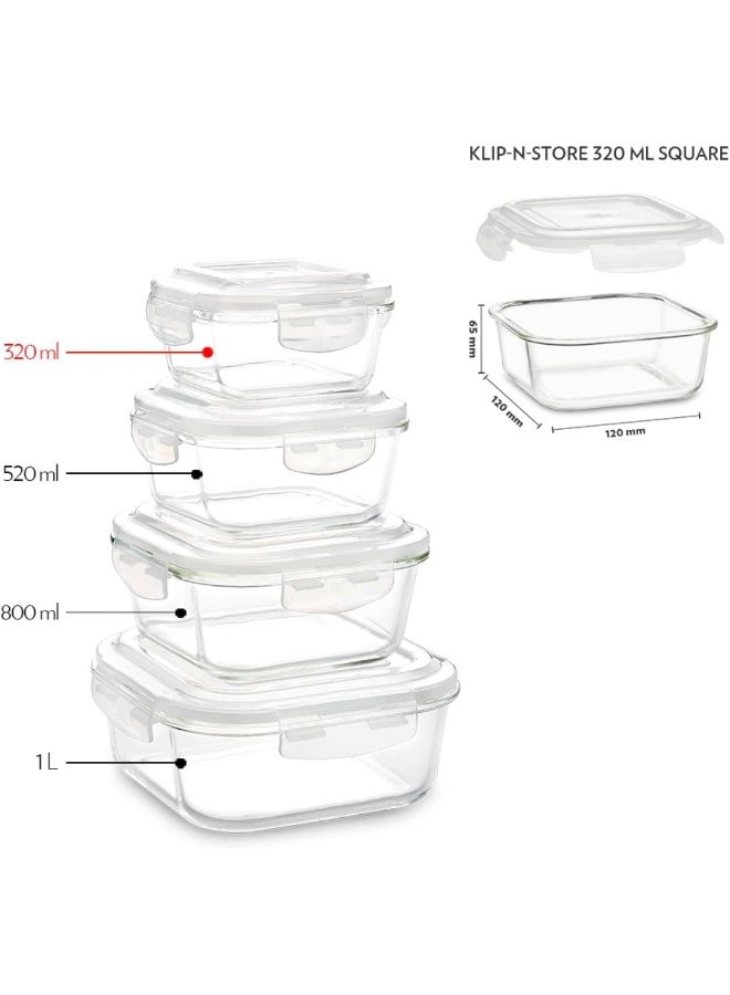 BOROSIL - Borosil Klip-N-Store Square Glass Storage Container With Air Tight Lid Food Storage Container Microwave Safe Container 320 Ml Transparent - Image 1