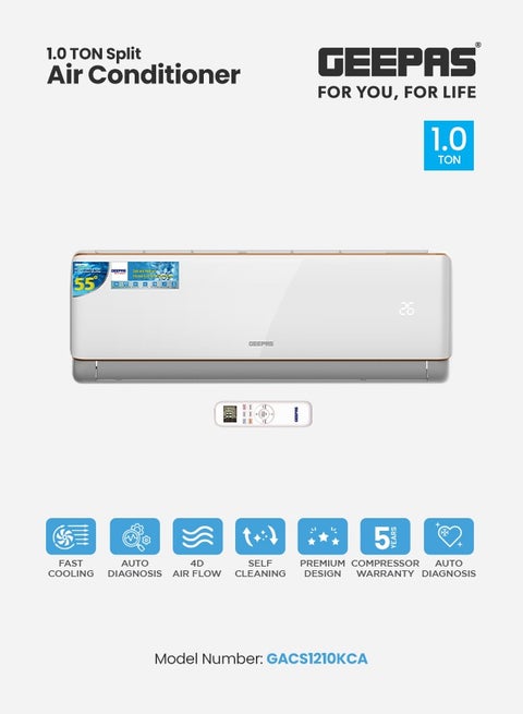 1.0 Ton Split Air Conditioner with T3 Compressor, LED Display, Remote Control, Strong Airflow, Self-Cleaning, Auto Diagnosis, and Golden Fin Technology GACS1210KCA White