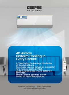 جيباس 1.0 Ton Split Air Conditioner with T3 Compressor, LED Display, Remote Control, Strong Airflow, Self-Cleaning, Auto Diagnosis, and Golden Fin Technology GACS1210KCA White  - Image 3