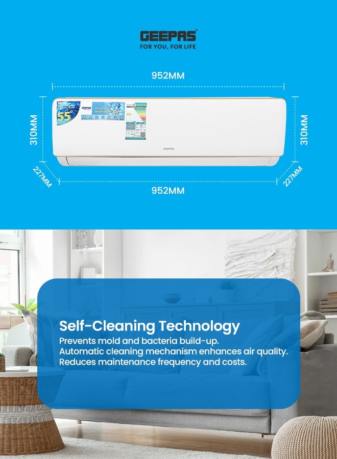 GEEPAS - 1.0 Ton Split Air Conditioner with Hot and Cold Functionality, LED Display, Remote Control, Strong Airflow, Self-Cleaning, Auto Diagnosis, and Golden Fin Technology GACS1215KCHA White - Image 1