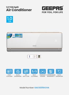 1.0 Ton Split Air Conditioner with Hot and Cold Functionality, LED Display, Remote Control, Strong Airflow, Self-Cleaning, Auto Diagnosis, and Golden Fin Technology GACS1215KCHA White