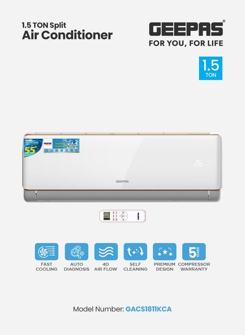 1.5 Ton Split Air Conditioner with T3 Compressor, Featuring LED Display and Remote Control, Strong Airflow and Advanced Features Like Self Cleaning and Auto Diagnosis, Equipped with Golden Fin Technology GACS1811KCA White