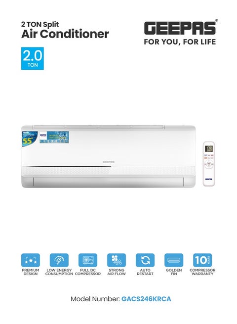 2.0 Ton Split Air Conditioner with T3 Inverter Compressor - Featuring LED Display, Remote Control, Strong Airflow, Auto Restart, and Golden Fin Technology GACS246KRCA White