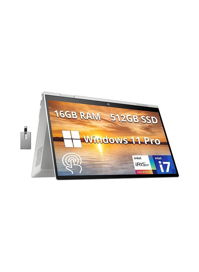 HP Envy X360 2-in-1 (Upgraded Version) Laptop With 15.6-Inch FHD Touchscreen Display, Core i7 1255U Processor/16GB RAM/512GB PCIe SSD/Intel Iris Xe Graphics/Windows 11 Pro + 32GB Hotface USB Card English/Arabic Silver - Image 1
