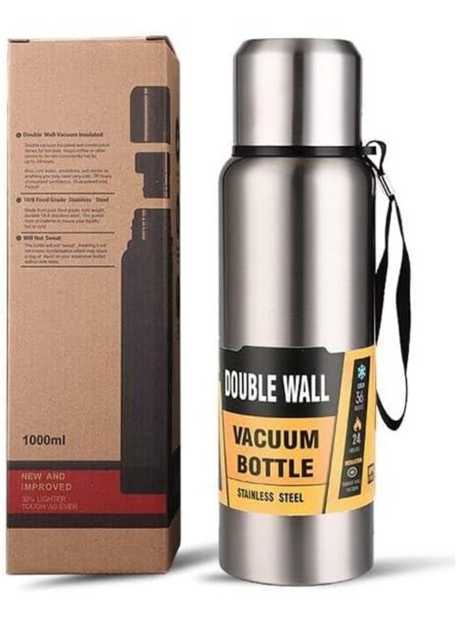 ECVV Large Capacity Stainless Steel Vacuum Flask with Strap, Double Wall Insulated Water Bottles, Leak Proof Thermos for Hot Drinks or Cold, Coffee Travel Mugs for Women Men | 600ml Silver - Image 1