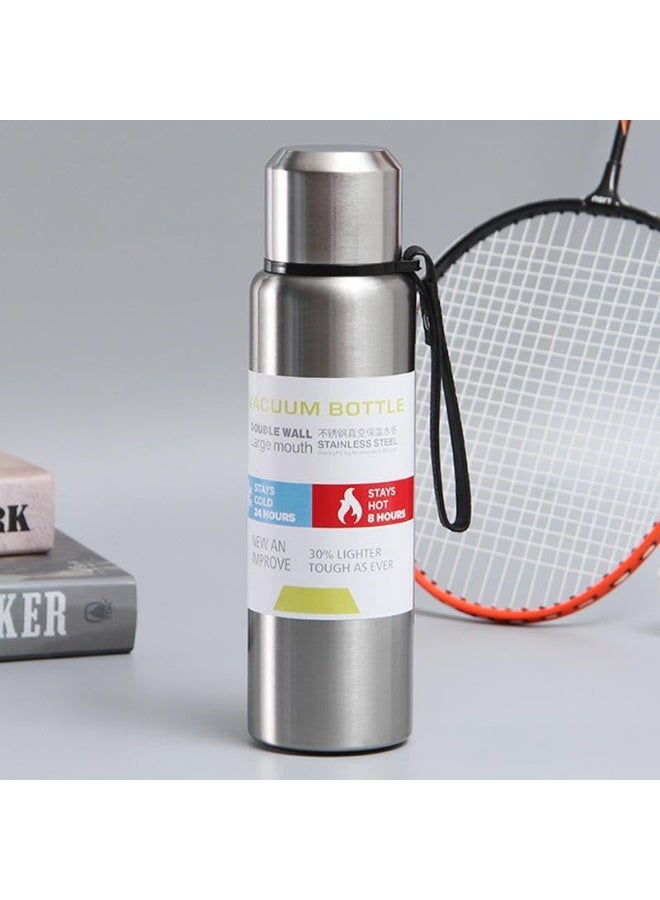 ECVV Large Capacity Stainless Steel Vacuum Flask with Strap, Double Wall Insulated Water Bottles, Leak Proof Thermos for Hot Drinks or Cold, Coffee Travel Mugs for Women Men | 600ml Silver - Image 3