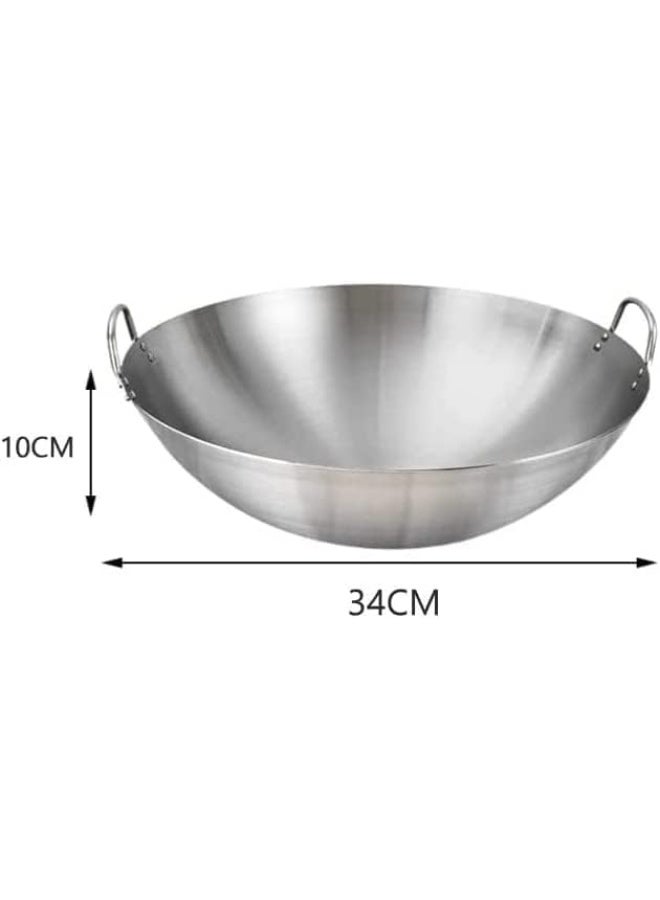 إي سي في في Stainless Steel Wok Pan Stir Fry Pan Deep Frying Wok Nonstick Frying Skillet with Double Handles Flat Bottom Wok Chinese Cooking Wok 34cm/13.38 inch Silver  - Image 2