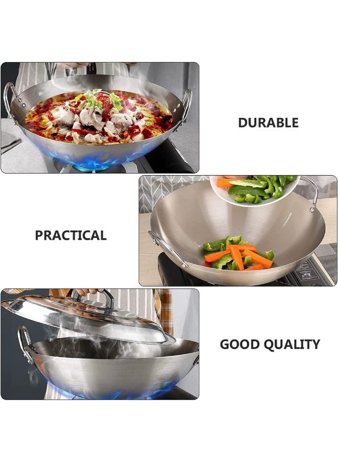 إي سي في في Stainless Steel Wok Pan Stir Fry Pan Deep Frying Wok Nonstick Frying Skillet with Double Handles Flat Bottom Wok Chinese Cooking Wok 34cm/13.38 inch Silver  - Image 3