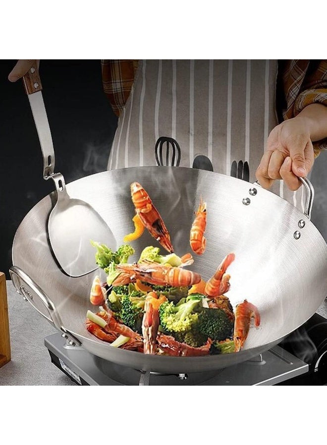 إي سي في في Stainless Steel Wok Pan Stir Fry Pan Deep Frying Wok Nonstick Frying Skillet with Double Handles Flat Bottom Wok Chinese Cooking Wok 34cm/13.38 inch Silver  - Image 4