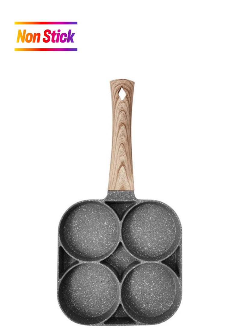 ECVV 4 Hole Omelet Pan for Burger Eggs Ham Pancake Maker Wooden Handle Frying Pot Non-Stick Cooking Breakfast Grey - Image 1